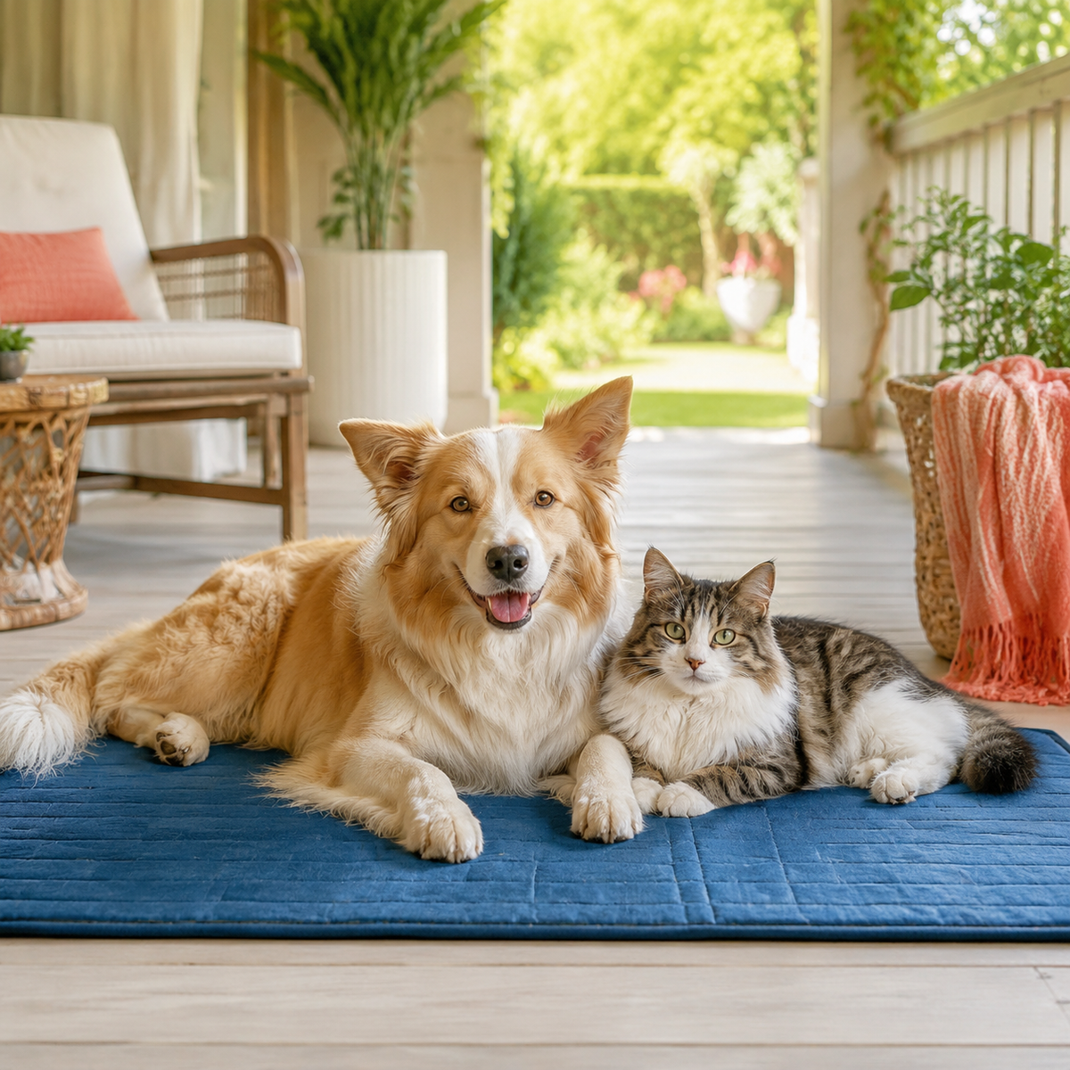 Dog and cat relaxing on a cooling mat