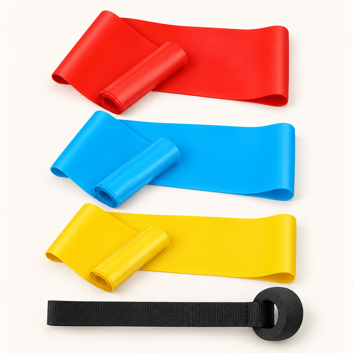 Three-level resistance band kit with red, blue and yellow bands and door anchor